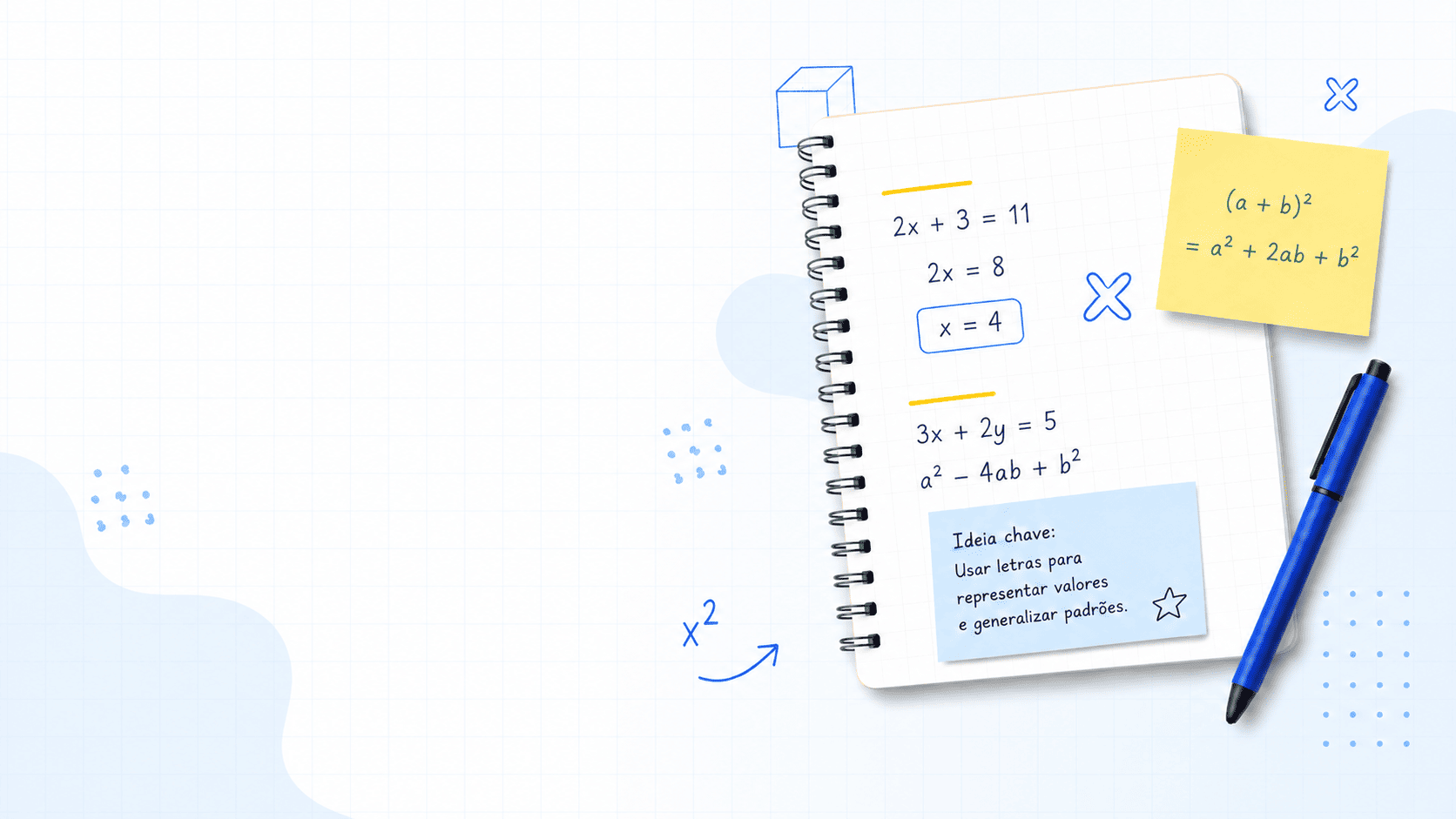 Caderno visual de &aacute;lgebra com equa&ccedil;&otilde;es, produtos not&aacute;veis e anota&ccedil;&otilde;es