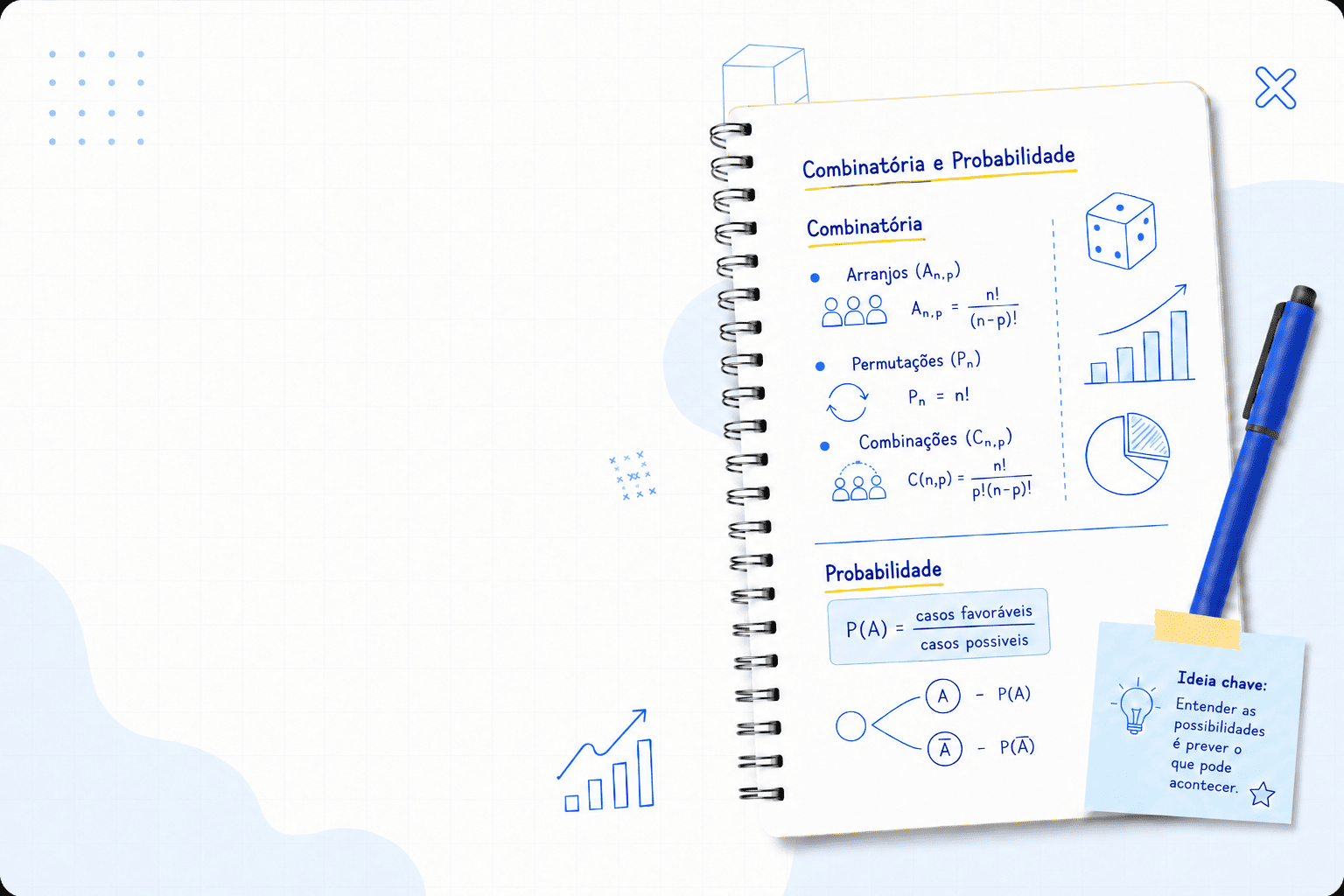 Caderno visual de combinat&oacute;ria e probabilidade com f&oacute;rmulas, gr&aacute;ficos, dado e anota&ccedil;&otilde;es