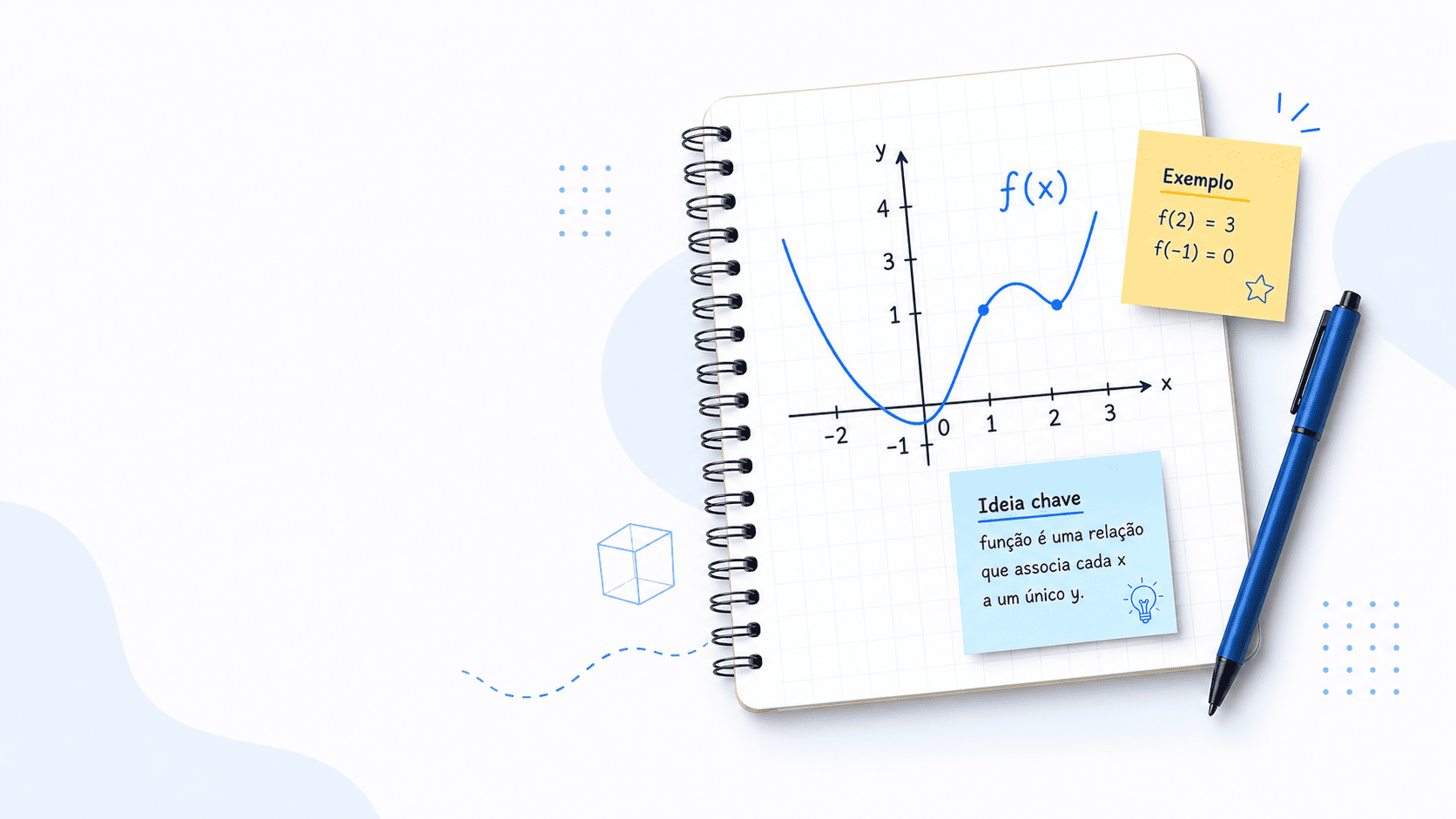 Caderno com gr&aacute;fico de fun&ccedil;&atilde;o, anota&ccedil;&otilde;es e caneta azul