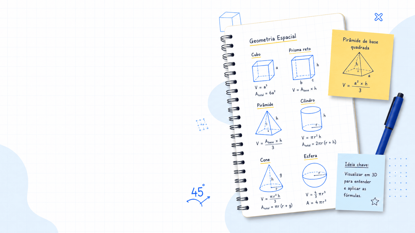 Caderno visual de geometria espacial com s&oacute;lidos, cubos, prismas e anota&ccedil;&otilde;es