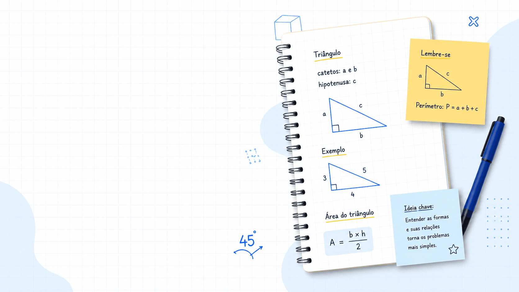 Caderno visual de geometria plana com tri&acirc;ngulos, per&iacute;metro, &aacute;rea e anota&ccedil;&otilde;es