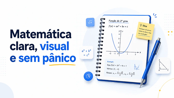 Matemática clara, visual e sem pânico, com caderno de função do segundo grau, gráfico de parábola e anotações