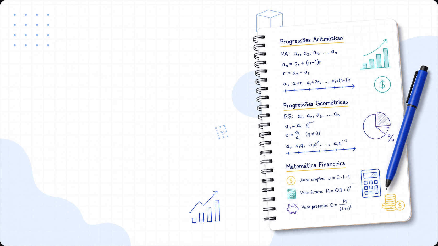 Caderno visual com progress&otilde;es aritm&eacute;ticas, progress&otilde;es geom&eacute;tricas e matem&aacute;tica financeira