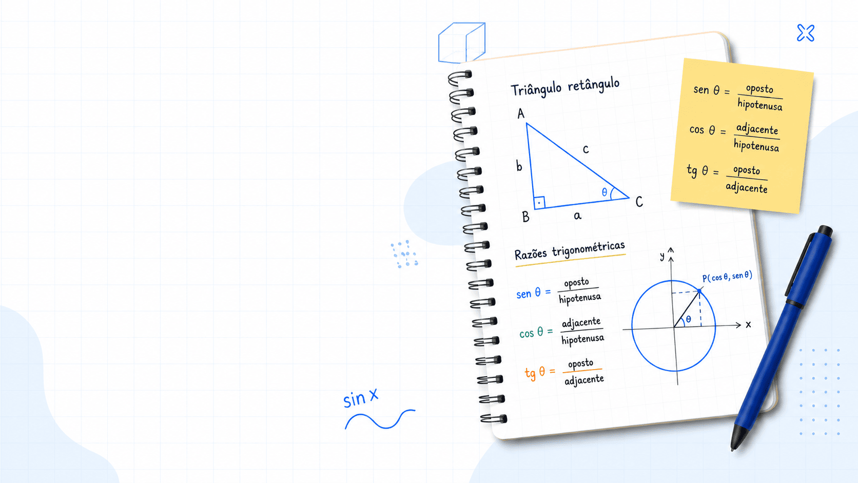 Caderno visual de trigonometria com tri&acirc;ngulo ret&acirc;ngulo, ciclo trigonom&eacute;trico e f&oacute;rmulas